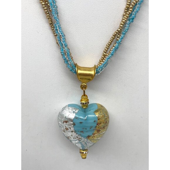 Venetian Glass Heart Pendant Necklace Gold Blue Clear Beaded 24”  Lobster Clasp - Picture 2 of 7